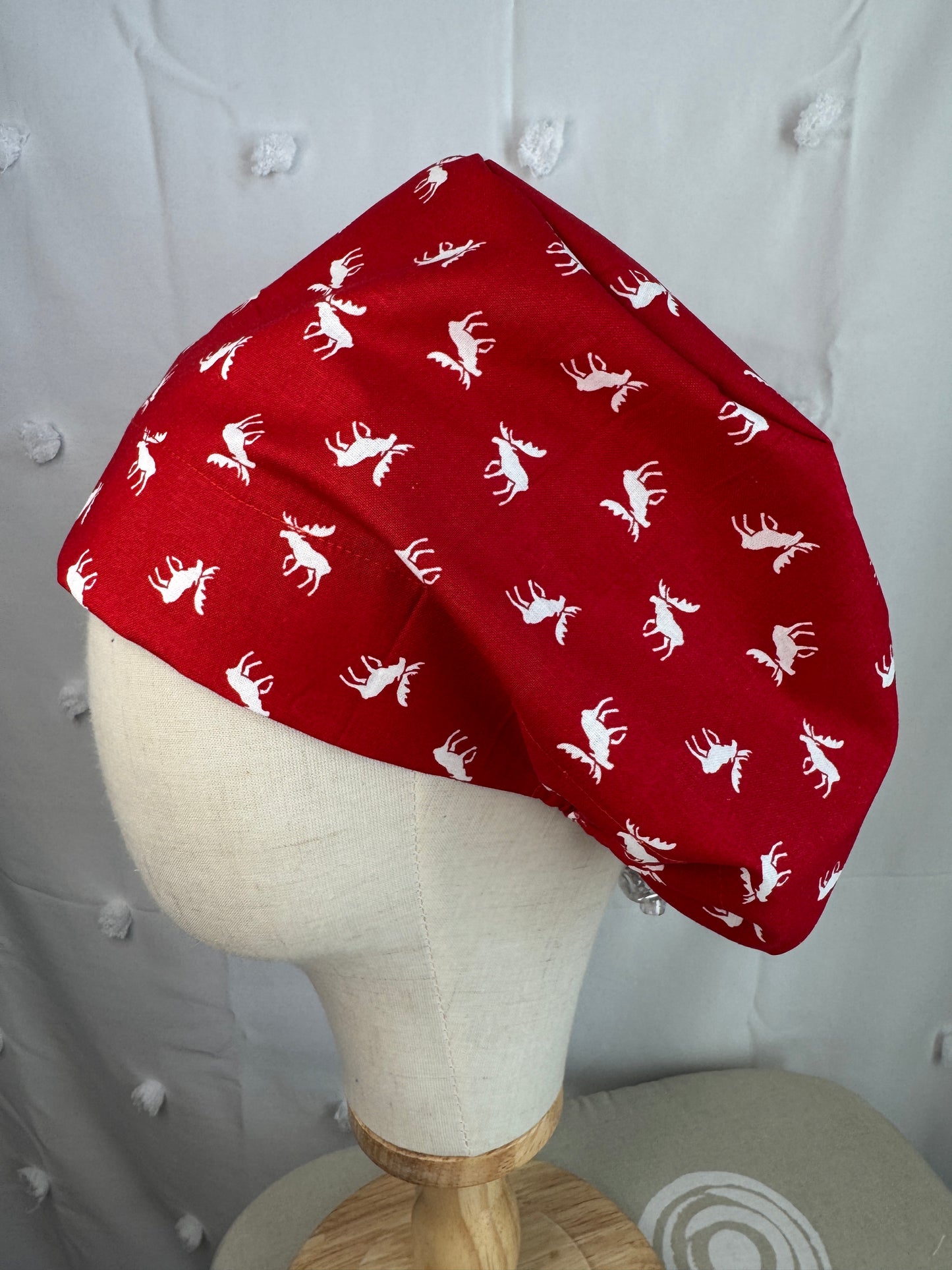 Small White Moose on Red Scrub Cap - Multiple Styles