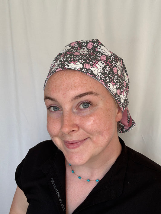 Breast Cancer Ghosts Scrub Cap - Satin Lining Available - Multiple Styles
