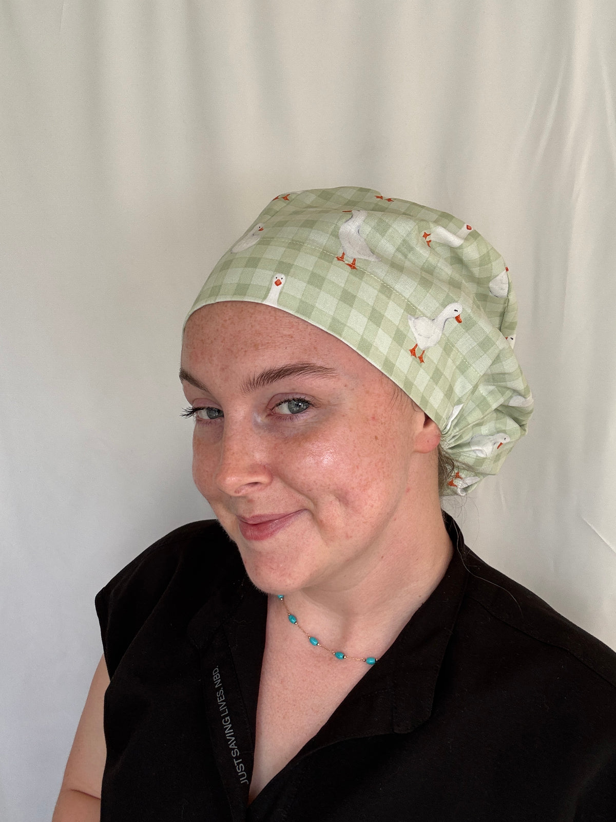 Just a Goose Green Gingham Scrub Cap - Satin Lining Available - Multiple Styles