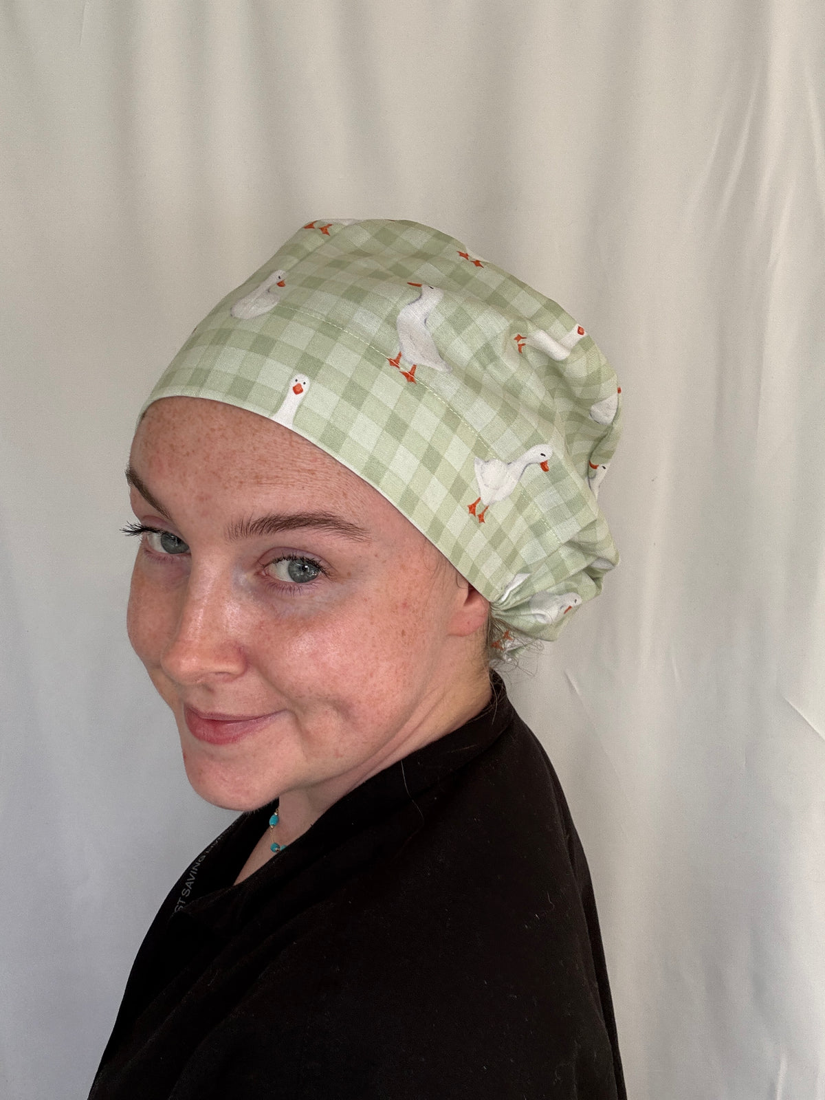 Just a Goose Green Gingham Scrub Cap - Satin Lining Available - Multiple Styles