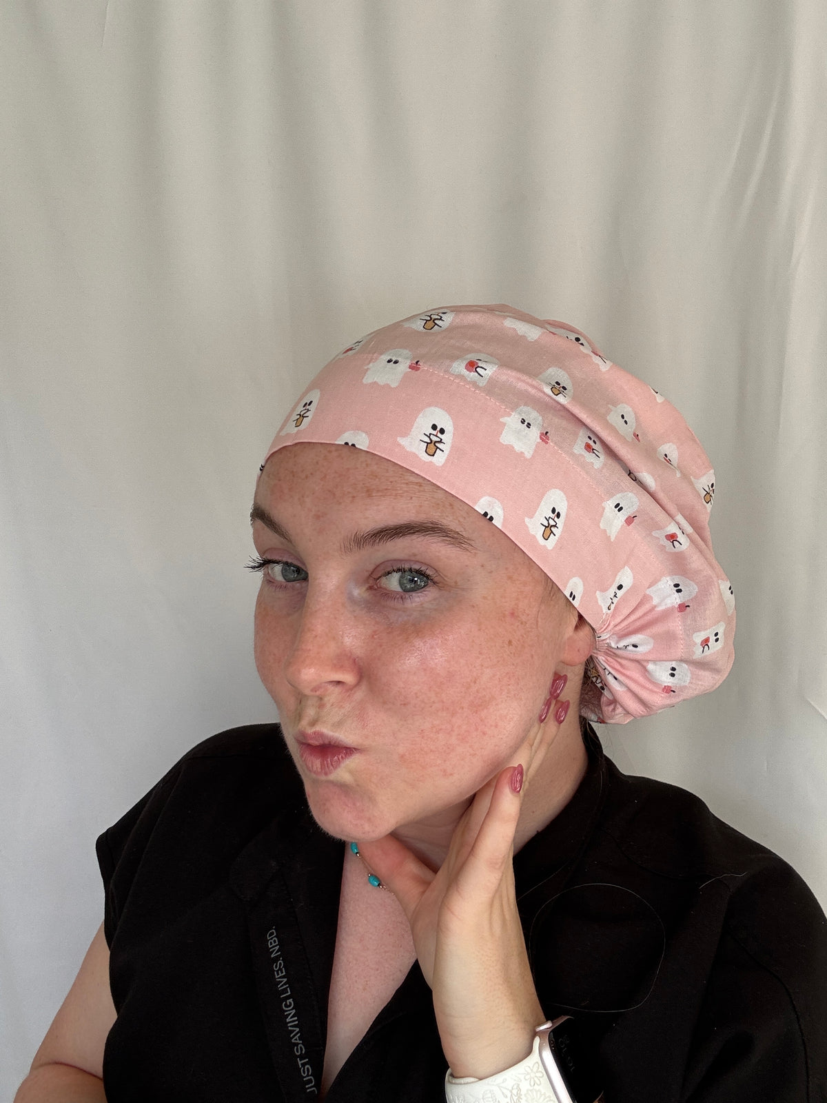 Pink Coffee Ghosts Scrub Cap - Satin Lining Available - Multiple Styles