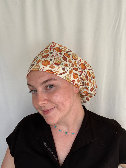 Autumn Coffee and Pumpkins Scrub Cap - Satin Lining Available - Multiple Styles