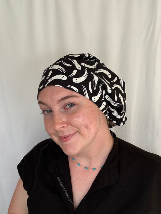 Wispy Ghosts on Black Scrub Cap - Glow In The Dark - Satin Lining Available - Multiple Styles