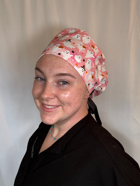 Pink "Boo" Ghosts Scrub Cap - Satin Lining Available - Multiple Styles