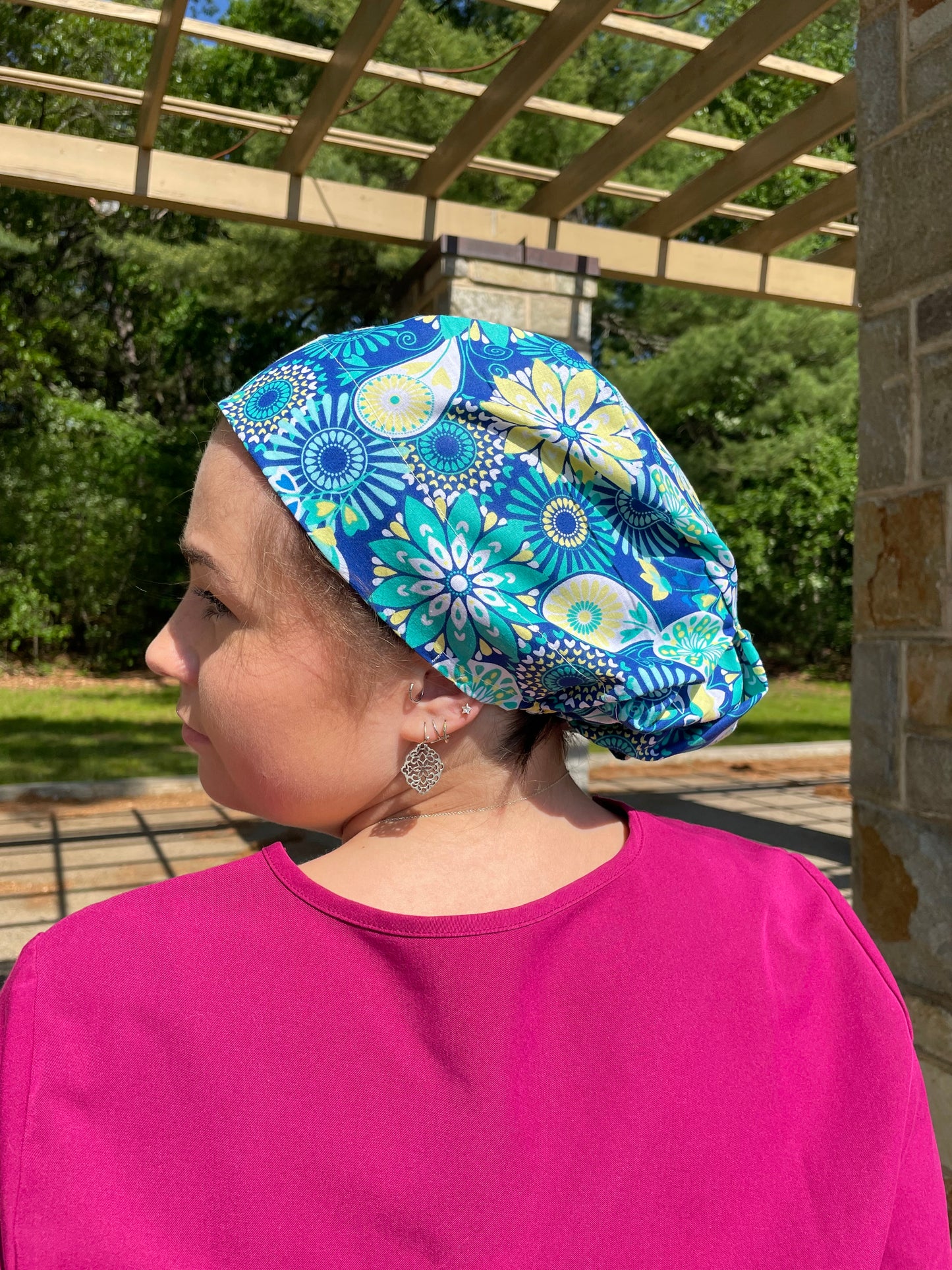 Yellow and Blue Floral Paisley Scrub Cap - Multiple Styles